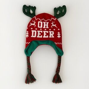 Christmas Reindeer Trapper Hat Knit Antlers Pom Poms Oh Deer Holiday Party Gift